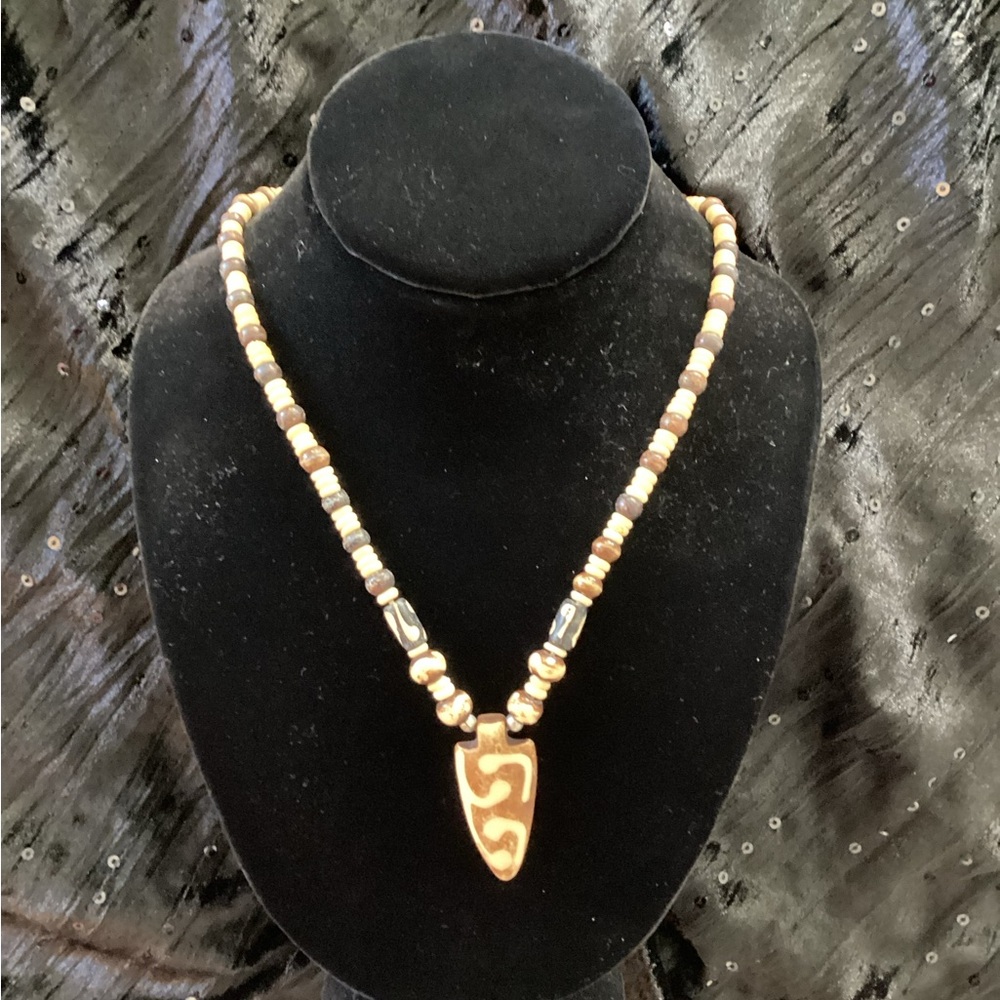 Brown and Cream Necklace with Triangular Pendant and Beads